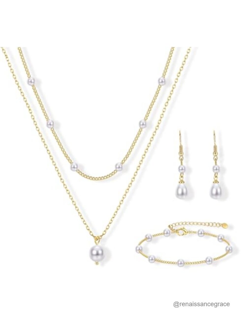 16K Gold Plated Pearl Jewelry Set for Women Bridal Necklace Earrings Bracelet